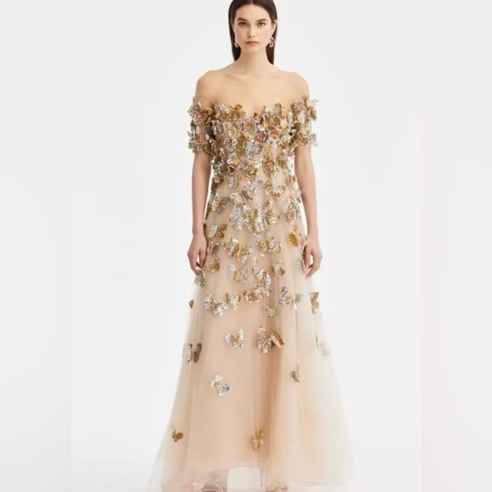 NWOT Oscar De La Renta Off-Shoulder Gold and Silver Butterfly Appliqué Gown